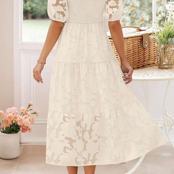 Women's 2025 Summer Short Puff Sleeve Crewneck Smocked Floral Lace Flowy A Line - Picture 4 of 7